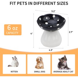 Mushroom Ceramic Cat Bowls, Elevated Cat Food Dish with Wide Shallow Design Anti-Vomit & Whisker Friendly Pet Bowls for Cats, Kittens, Puppies, Dishwasher Safe Pet Feeding Plate (Black)