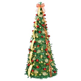 JOYHALO 7ft Decorated Pop Up Christmas Tree with Lights 200 Warm White, Folding Christmas Tree Collapsible, Portable Christmas Tree for Home, Office, Apartment Xmas Holiday Party Decor, Golden