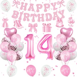 Miidenks 14th Birthday Decorations for Girls, Pink Bow Coquette 14 Birthday Balloons Set,33 Pieces, Includes Banner, Hanging Swirls, Balloons, Perfect for Girls' Party