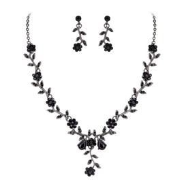 Clearine Women's Wedding Jewellery Set Leaf Cluster Flower Crystal Pendant Necklace Dangle Earrings for Bride Black
