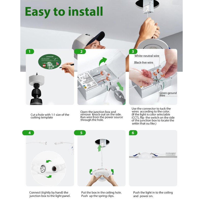 zouzai 6 inch 5CCT Gimbal Led Recessed Lights, 360°+90° Adjustable