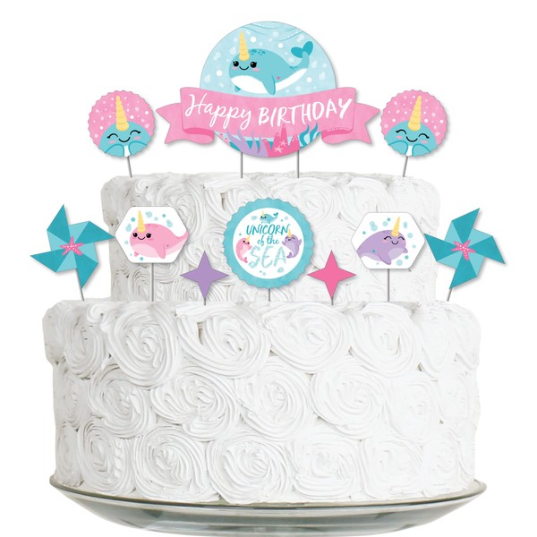 Big Dot of Happiness Narwhal Girl – Kit de decoración para tartas de cumpleaños bajo el mar – Juego de decoración para tartas de cumpleaños – 11 piezas