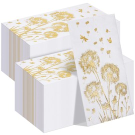 Pasimy 100 Pcs Disposable Hand Towels for Bathroom Dandelion Guest Paper Towel Floral Disposable Dinner Napkin Decorative Guest Napkins for Bathroom Kitchen Bridal Wedding Party Supplies (Gold)