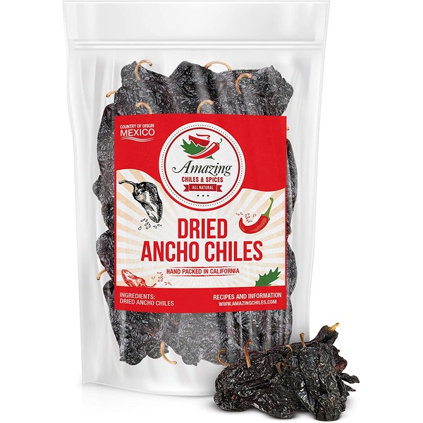 Dried Ancho Chiles Peppers 1LB (16oz) –Natural and Premium. Great For, Mexican Mole, Sauces, Stews, Salsa, Meats, Enchiladas. Mild to Medium Heat, Sweet & Smoky Flavor. Air Tight Resealable Bag