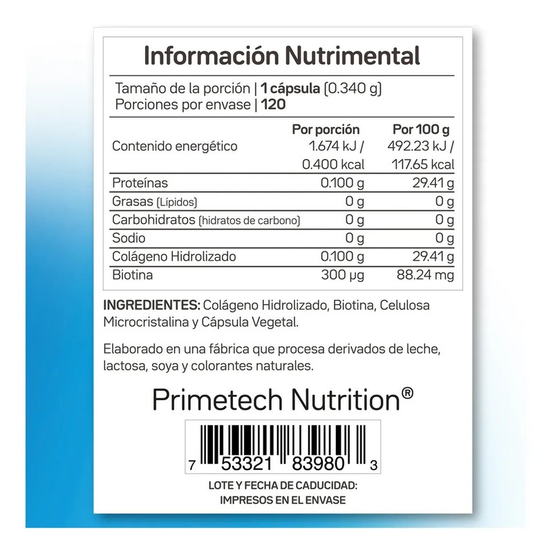 Biotina Orgánica Primetech 120 Cáps, Piel, Cabello Y Uñas
