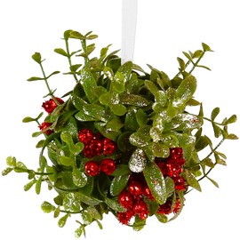 Ornativity Mistletoe Glitter Hanging Ornament - Christmas Mistletoe Kissing Ball with Red Berries Holiday Kiss Xmas Decoration for Doorway Arch Light Fixture 5"