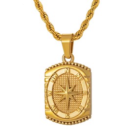 murtoo Pendant Necklace for Men, Stainless Steel Compass Mens Necklace with Wheat Chain Twisted Rope Chain, 22" Coin Pendant Necklace for Women Men (Gold- Rectangle-Twisted Rope Chain, 22")