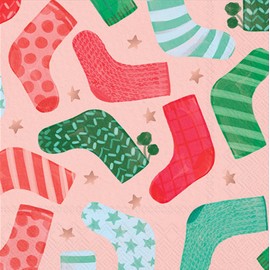 IHR Ideal Home Range Cocktail Napkins Disposable 3-Ply Paper Party Napkin Pack, 5" x 5", Holiday Stockings, 20-Count