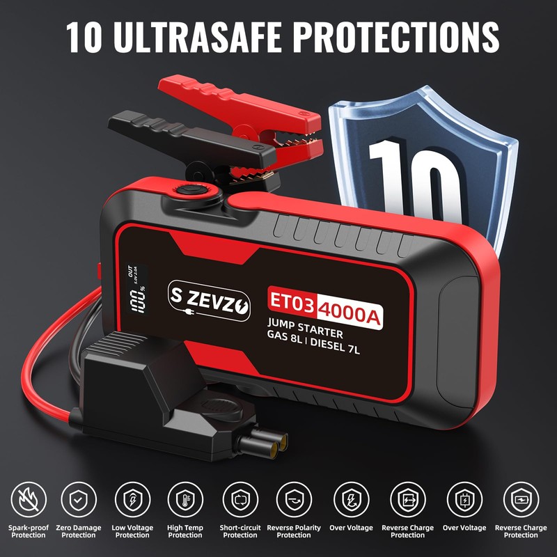 S ZEVZO ET03 Car Jump Starter 4000A Jump Starter Battery