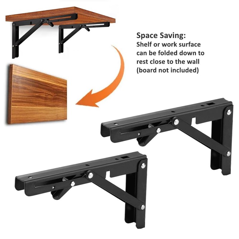 2 x Folding Bracket 200 mm, Black Folding Shelf Brackets,