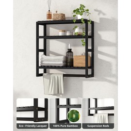 Galood Over The Toilet Storage Bathroom Shelves Wall Mounted 3 Tier Space Saver Corner Shelf Organizer Bamboo Towel Rack Toilet Paper Cabinet with Hanging Rod Black