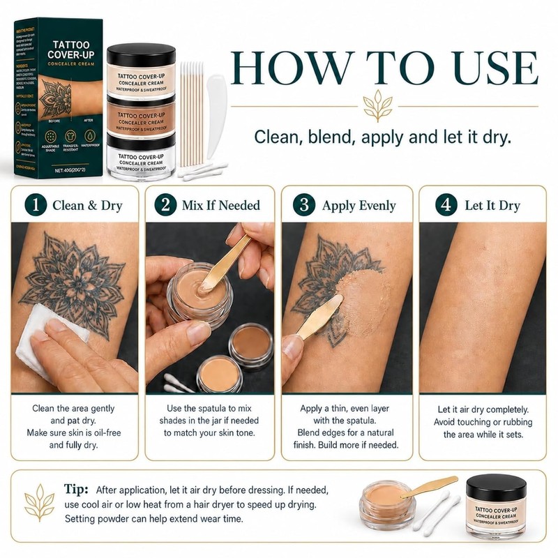 Tattoo Cover Up Makeup Waterproof, 2-Color Concealer Kit for Tattoos