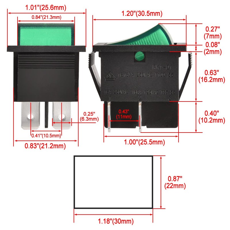 Heschen Rocker Switch ON-OFF DPST 4 Terminals Green Light 16A