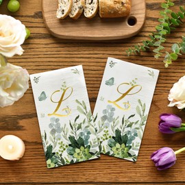 Horaldaily 100 Spring Disposable Paper Decorative Guest Napkins, Watercolor Eucalyptus Monogram Gold Foil Letter L for Party Lunch Dinner Kitchen Bathroom