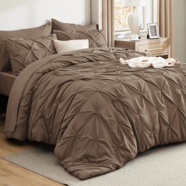 Bedsure King Size Comforter Set Brown - Bed in a Bag Bedding Set 7 Pieces, GentleSoft™ Pintuck Bed Set Gift for Family, Pinch Pleat Brown Comforter with Sheets, Pillowcases & Shams