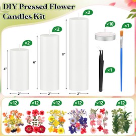 MTLEE 24 Pack Pressed Flower Candles Making Kit 6 White Pillar Candles 10 Tealight Candles 6 Set Pressed Flowers with Tweezer Brush for DIY Candles Crafts Birthday Wedding Centerpieces(4/6/8 Inch)