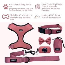 Hot Doggies Dog Walking Bundle Set. 6 COLOURS AVAILABLE. INCLUDES Harness, Lead, Collar, Treat Bag, Poo Bag Holder, Bow Tie (Large, Rosewood Pink)