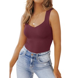 PINKMSTYLE V Neck Tank Tops for Women Tight Double Lined Sleeveless Top Basic Y2K Summer Going Out T-Shirts Burgundy Large