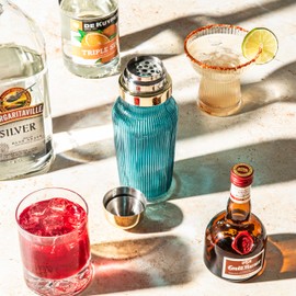 The MixMaster Cocktail Shaker with Strainer and Jigger Measuring Cap - Art Deco Leakproof Glass Drink Mixer for Crafting Cocktails - Innovative Home Bartending Supplies and Accessories - Blue