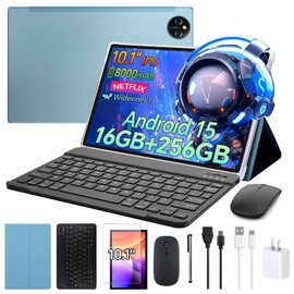Tablet 10.1inch Android 15 with Keyboard, Octa-Core Tablets , 16GB RAM 256GB Storage 1TB Expandable, 13MP Dual Cameras 5MP Front,8000mAh,GPS,WiFi 5 BT5.0 with Case, Mouse & Stylus M6- Titanium Blue