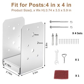 4"x4" Post Base Bracket (Internal 3.5"x3.5")，4 Pcs Stainless Steel Adjustable Post Base，Concrete Post Anchor for Deck，Pavilion, Railing, Porch Support