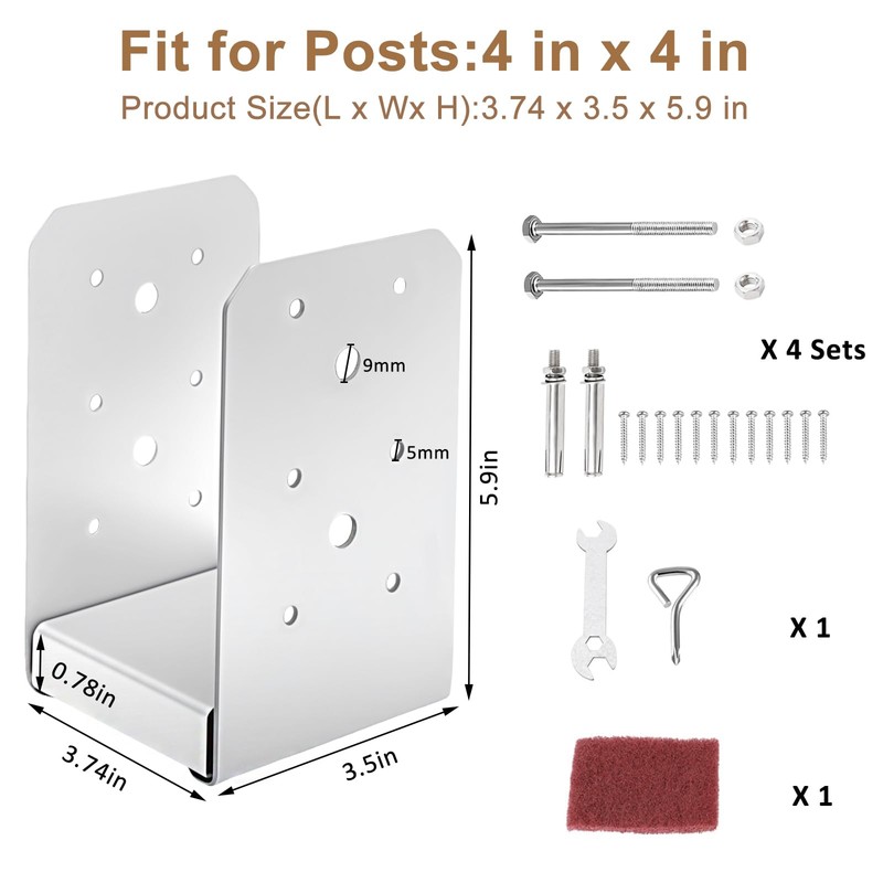 4"x4" Post Base Bracket (Internal 3.5"x3.5")，4 Pcs Stainless Steel Adjustable