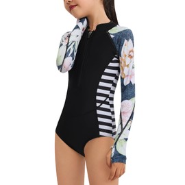 Girls Long Sleeve One-Piece Swimsuit: Rash Guard UV UPF 50+ Sun Protection Surfing Bathing Suit 9 10 11 Years