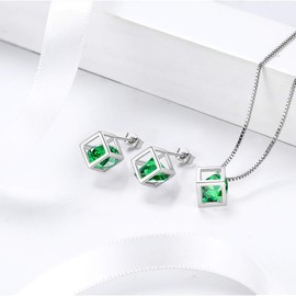 Aurora Tears Birthstone Necklace Stud Earrings Jewellery Sets Gifts Square Birthstone Pendant for Women and Girls 925 Sterling Silver, Jewellery Sets
