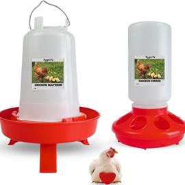Ragnify Chicken Feeder and Waterer Set - Rain Proof 10 Pounds Chick Feeder and 2 Gal Chick Waterer with 4 Ports - Color: Small Chicken & Water Feeder
