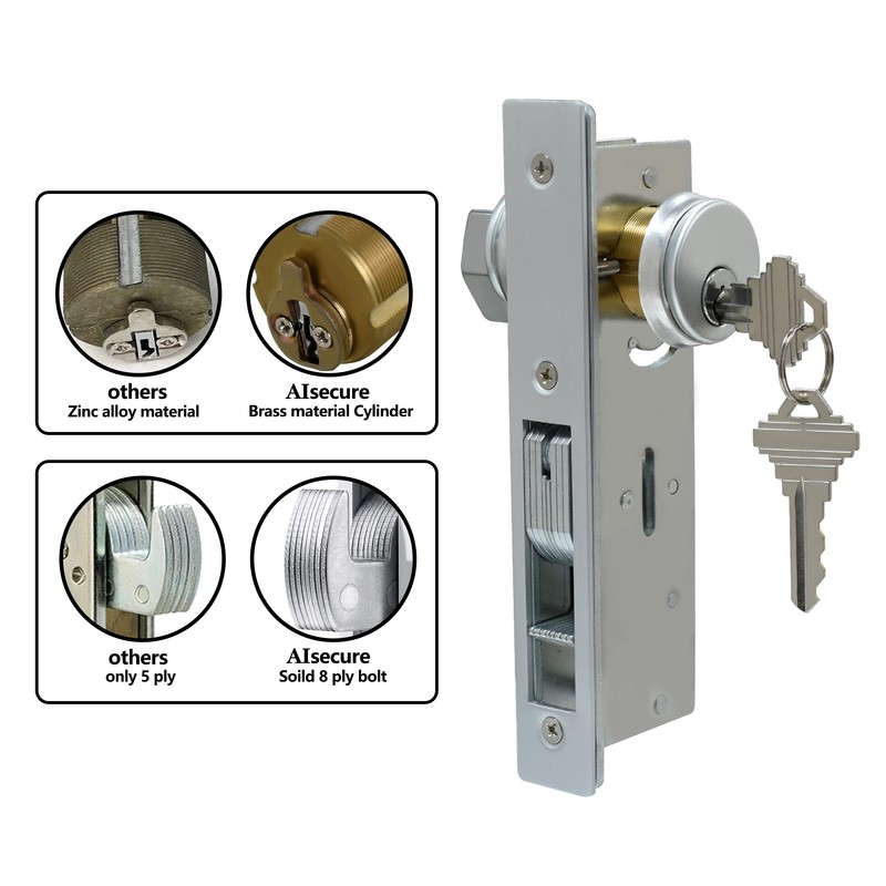 Storefront Door Lock， Aisecure Commercial Mortise Lock with Hook deadbolt