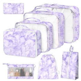 8 Set Packing Cubes for Suitcases,Packing Cubes with Shoe,Cosmetics,Clothing,Accessories Bags for Travel Luggage Organizer Women Men(Purple Marble)