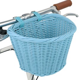 Wicker Bike Basket Front Cargo,Ebike Basket for Cargo，Front Handlebar Storage Basket Waterproof with Adjustable Leather Straps,for Dog/Grocery Shopping/Pet Carrier,Fits Most Bicycles (Blue)