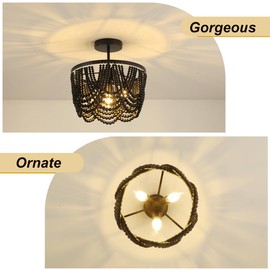 Black 12.6 inch Boho Chandelier,Wood Beaded Chandelier Light Fixture, Bohemia Draped Bead Chandelier Flush Mount/Semi Flush Mount Ceiling Light Fixture for Dinning Room Bedroom Hallway