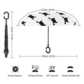 Xmkltbz Manual Large Inverted Rain Umbrella, Manual Open/Close Reverse Car Umbrella Sun Protect UV Winds Rain Compact Parasol Print Black Cat Face Peeking Hides and Peeps on White
