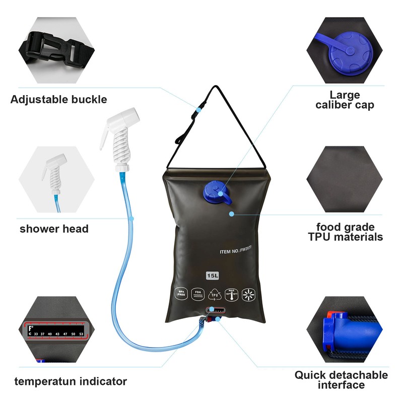 15L Outdoors Foldable Shower Bag with Shower Nozzle for Hiking