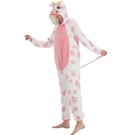 ACOGNA Cow Onesie Costume Adult Unisex Pajama Christmas Animal One Piece Cosplay Fleece Suit Pink Print Small