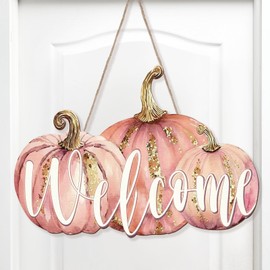 Soaoo Fall Door Sign Fall Pink Pumpkin Wood Decor Welcome Autumn Wooden Hanging Sign Pink and Gold Pumpkin Pink Tree Rustic Farmhouse Thanksgiving Front Door Yard Fall Outdoor Porch (Fall Pumpkin)