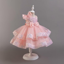 IBTOM CASTLE Pageant Dress for Girls Bow Asymmetric Shoulder Straps Sequin Tiered Tulle Tutu Party Flower Girl Wedding Toddler Birthday Formal Prom Gown Pink 3-4 Years