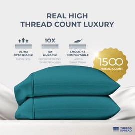 Thread Spread 100% Egyptian Cotton Pillow Cases King Size Set of 2 - Luxury 1500 Thread Count Sateen Weave Teal Pillow Covers, Soft & Breathable Extra Long Staple Pillowcases, Fits King Size Pillows