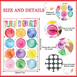 FYSUIMU Colorful Happy Birthday Chart Poster Watercolor Dot Birthday Chart Calendars for Bulletin Board Chalkboard Wall Decor, 11 x 16.5 Inch