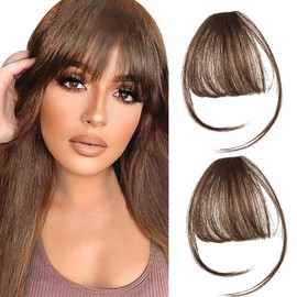 2PCS Clip in Bangs Real Human Hair,Fake Bangs Hair Clip on Bangs for Women,Curved Wispy Bangs with Temples Hairpieces,Bangs Clip in Hair Extensions Air Fringe for Girls Daily Wear - Light Brown