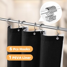 LaCyan Waterproof Waffle Shower Curtain, 258GSM Heavy Duty 3 Piece Set with Clear Liner and 6 Stainless Steel Hooks, Polyester Fabric Shower Curtains for Bathroom, Machine Washable, 36x72 Inch, Black