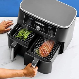 Cooking Rack and Stainless Steel Rack with Skewers Hot Air Fryer Accessories - Air Fryer Stand Compatible with Ninja Foodi AF300EU, AF400EU, AF500EU & Other Dual Zone Air Fryer (7.6L - 9.5L)