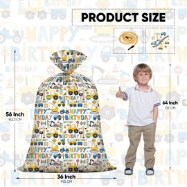 Extra Large Construction Vehicles Plastic Gift Bag 56x36 Inch Cartoon Digger Car Presents Wrapping Bag for Boy Happy Birthday Construction Party Bags