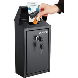 Uniclife Black Metal Donation Box Wall Mounted Mailbox with Top Slot, Collection Box with Key Lock, Safe Suggestion Box, Key Drop Box for Outside, Steel Cash Drop Box for Home Office and Business