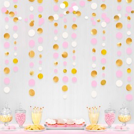 46Ft Gold Pink White Circle Dots Garland Party Decorations Metallic Gold Light Pink Hanging Paper Polka Dots Streamer for Girls Women Princess Birthday Wedding Bridal Baby Shower Bachelorette Decor