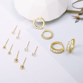 6 Pair Earring Sets for Multiple Piercing | 14K Gold Plated Studs Earrings and Hoops Set Hypoallergenic Small Hoop CZ Ball Studs Earrings for Women (Gold)