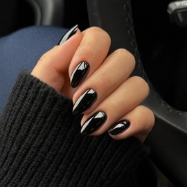 KQueenest Black Press on Nails Short Almond, 30 Pcs Thick Short Fake Nails Acrylic, Solid Color Gel Nails Press on, Natural Fit Short Almond Nails Glue on, Reusable Stick on Nails For Women