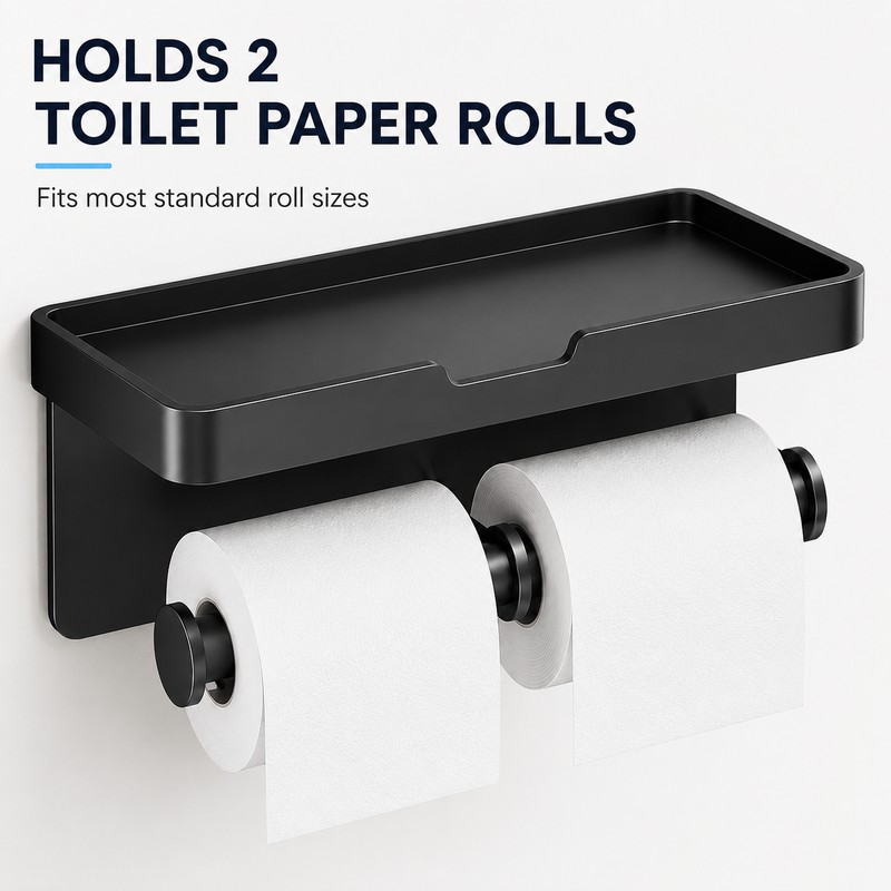 Dual Roll Toilet Paper Holder with Shelf – Black Aluminum
