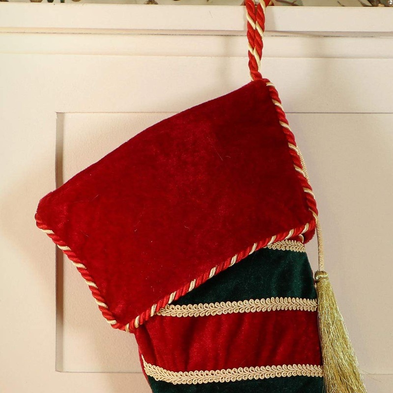 Dibor Luxury Festive Velvet Striped Elf Boot Stocking with Strong